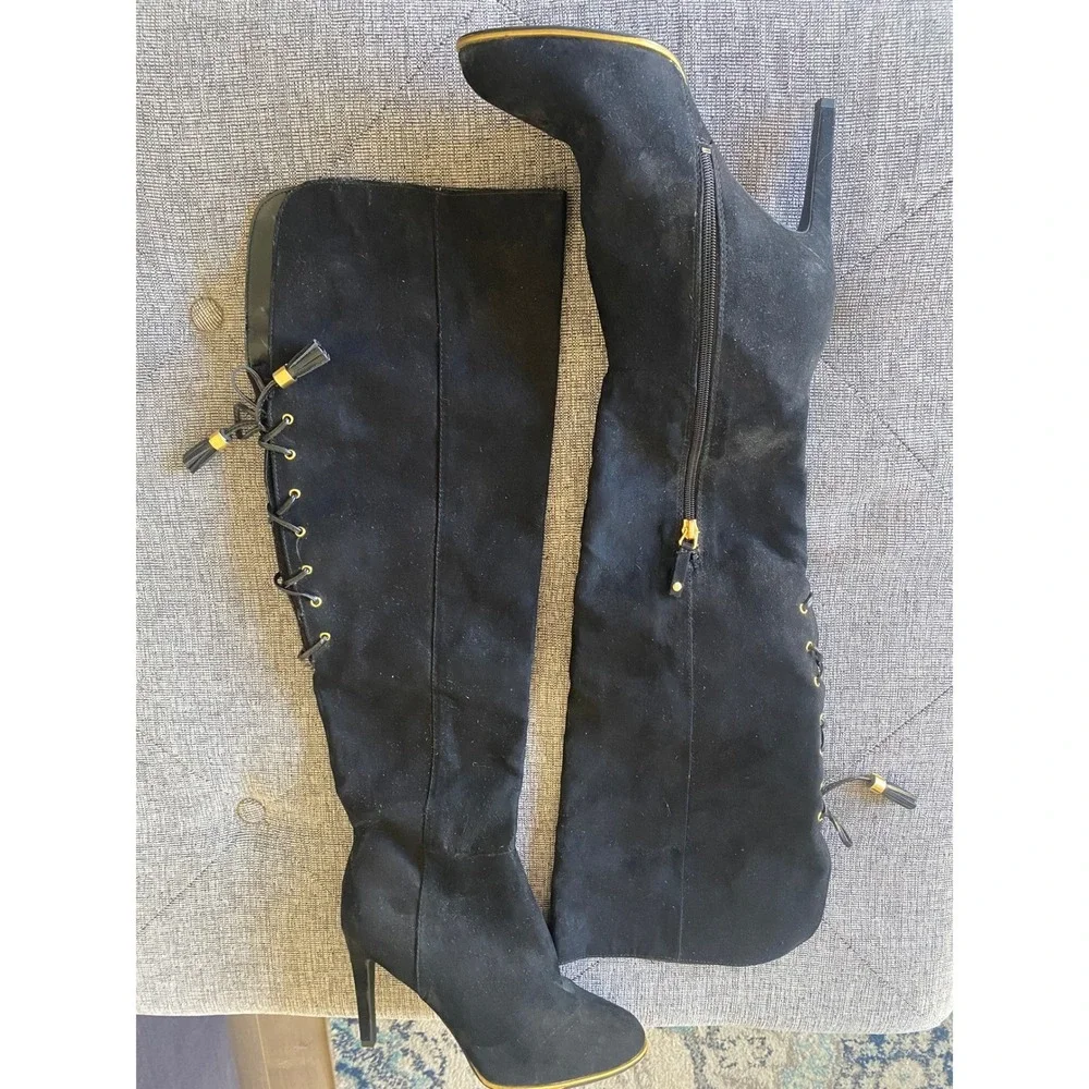 Sam & Libby Womens Black Faux Suede Over The Knee Lace Up Tassel Boots Heel 7.5